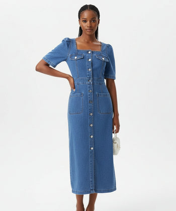 Button Up Square Neck Denim Dress