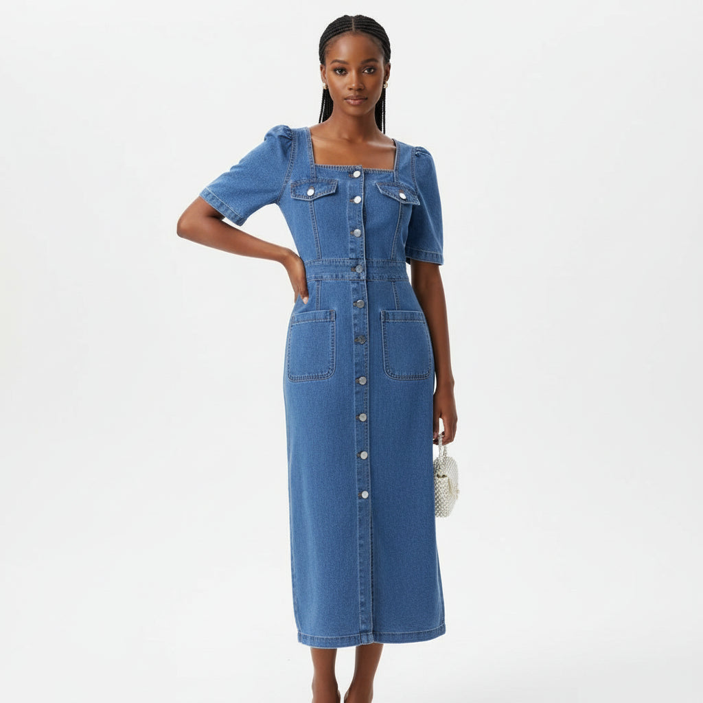 Square Neck Denim Pocket Dress