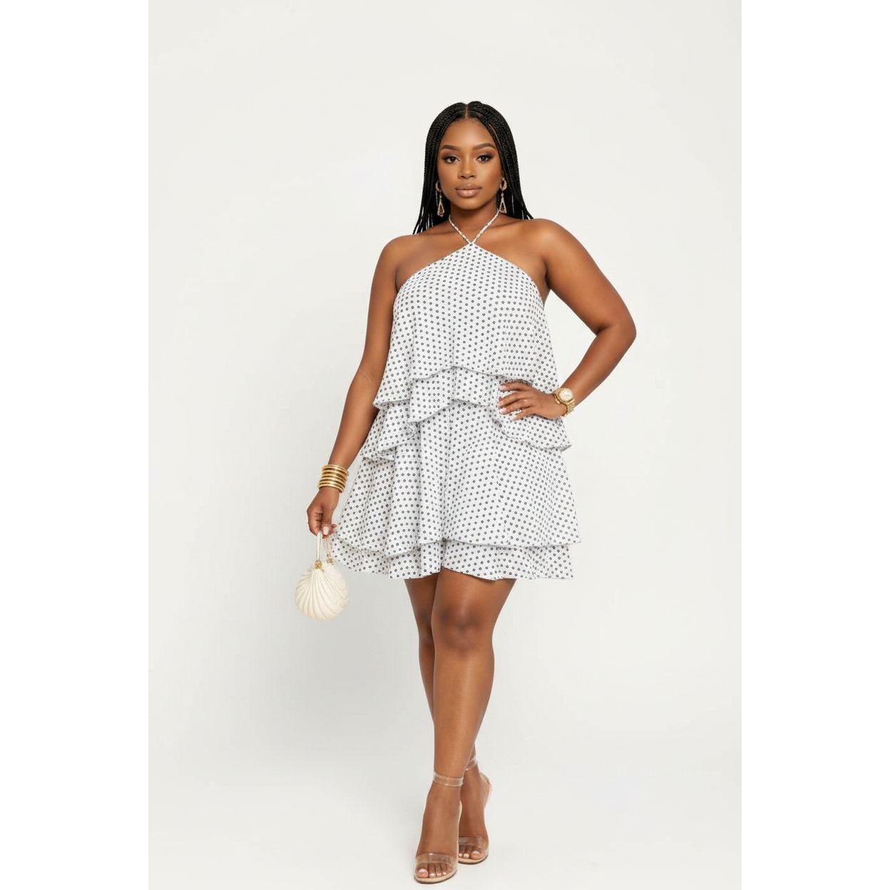 Polka Dot Halter Neck Tiered Ruffle Mini Dress