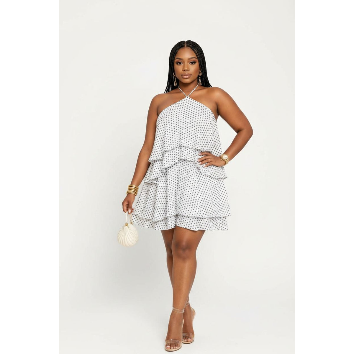 Polka Dot Halter Neck Tiered Ruffle Mini Dress