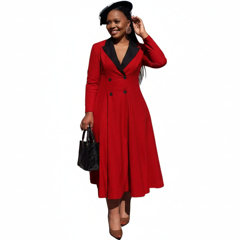 Plus Size Double-Breasted Long-Sleeve Midi Dress