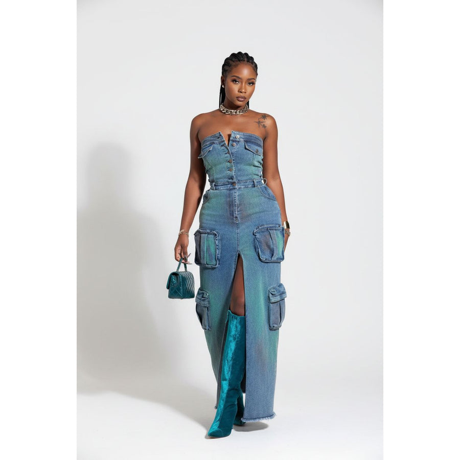 Front Slit Boobtube Denim Dress