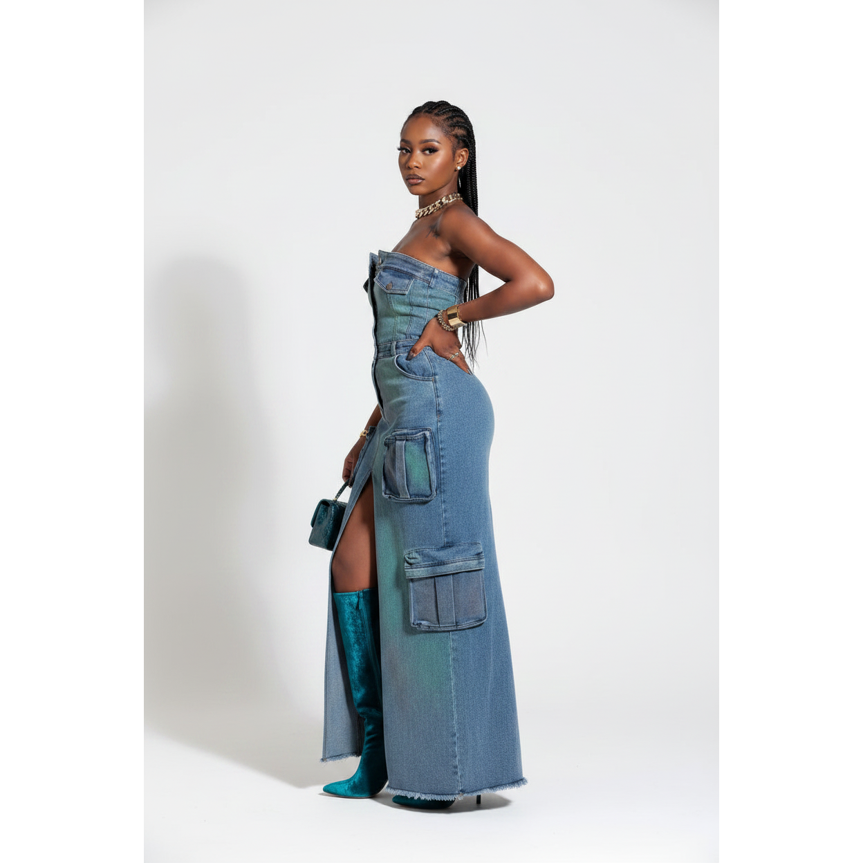 Front Slit Boobtube Denim Dress
