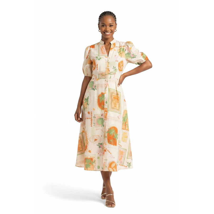 Puff-Sleeve Linen Midi Dress
