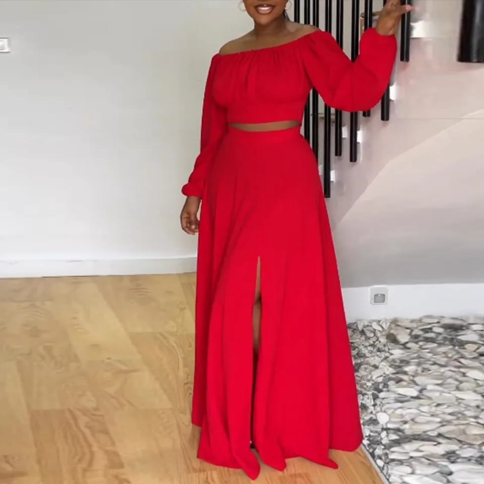 Slit Skirt and Long sleeve Crop Top Set