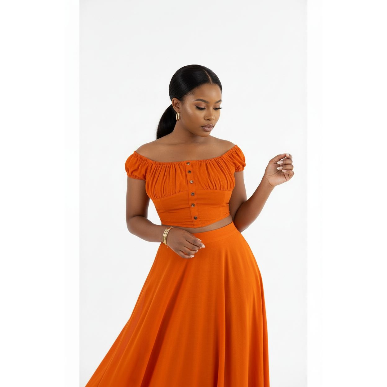 Off Shoulder Button Front Top and Skirt