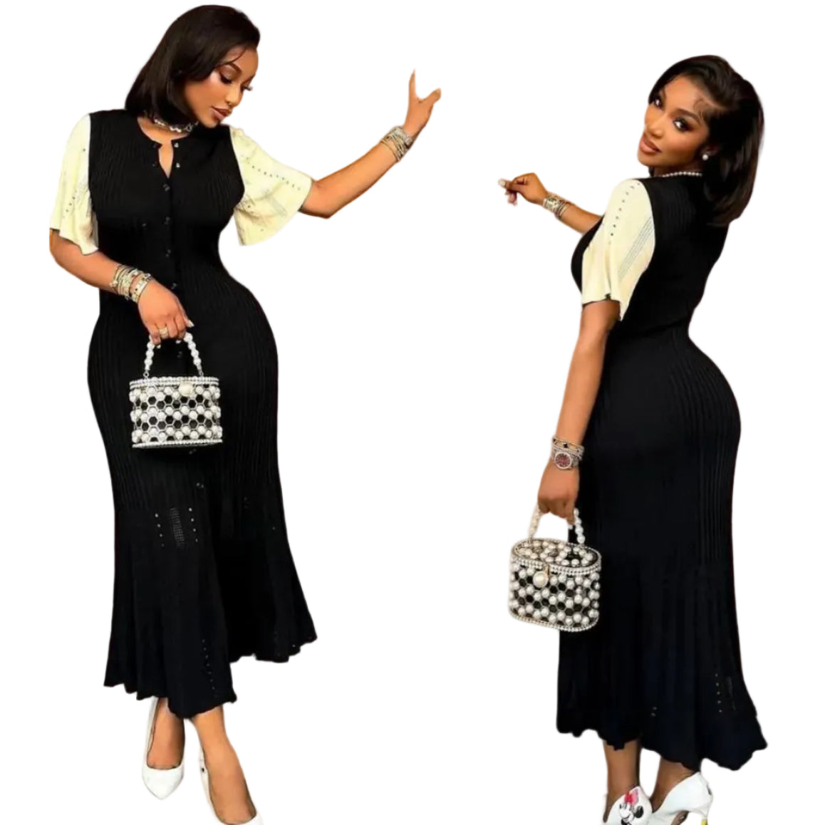 Bodycon Button Short Sleeve Knitted Maxi Dress