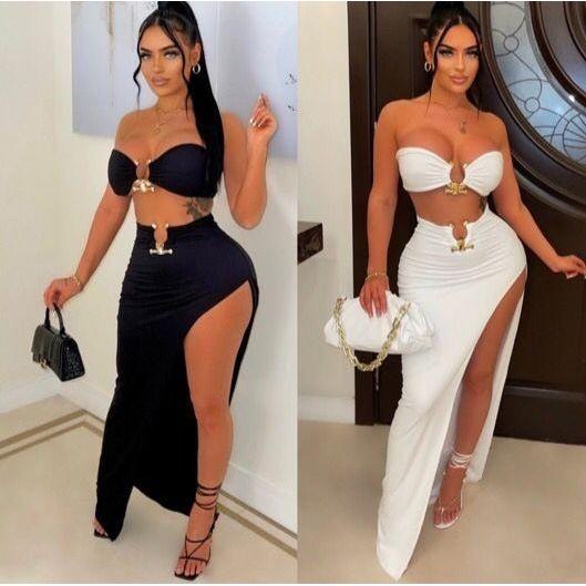 Sexy Side Slit Skirt and Strapless Bra Set