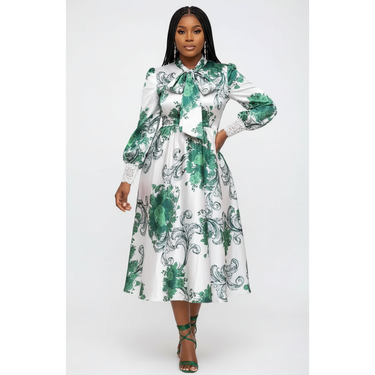 Bowtie Collar Long Sleeves Printed Dress