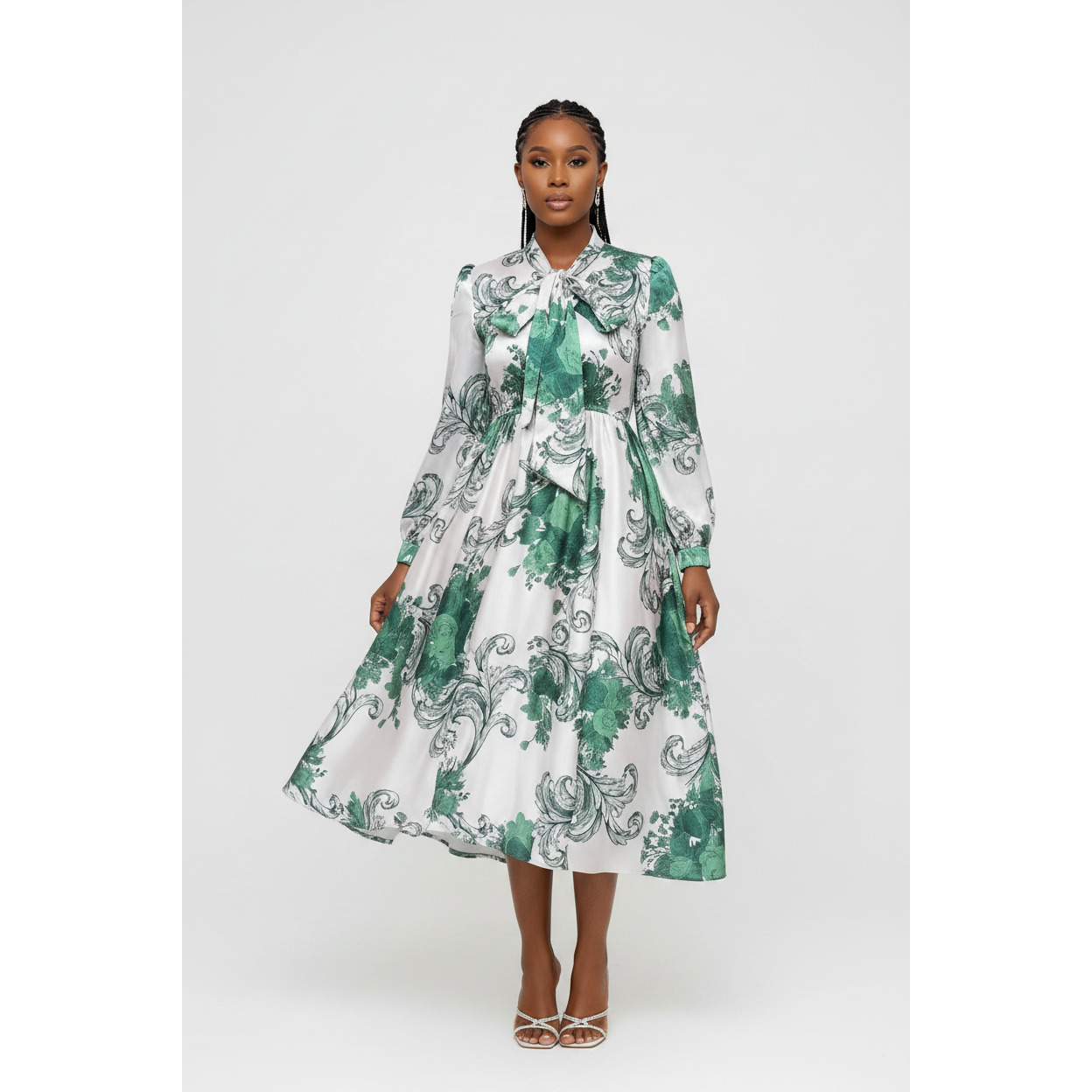 Bowtie Collar Long Sleeves Printed Dress