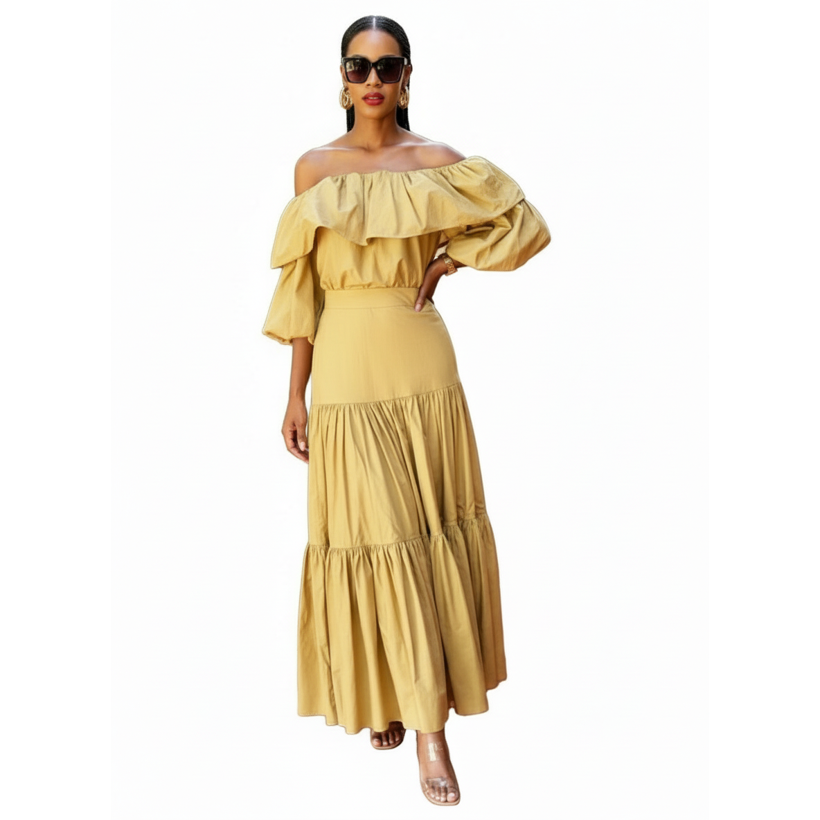 High Waisted Skirt and Off Shoulder Top 2 Pieces Set