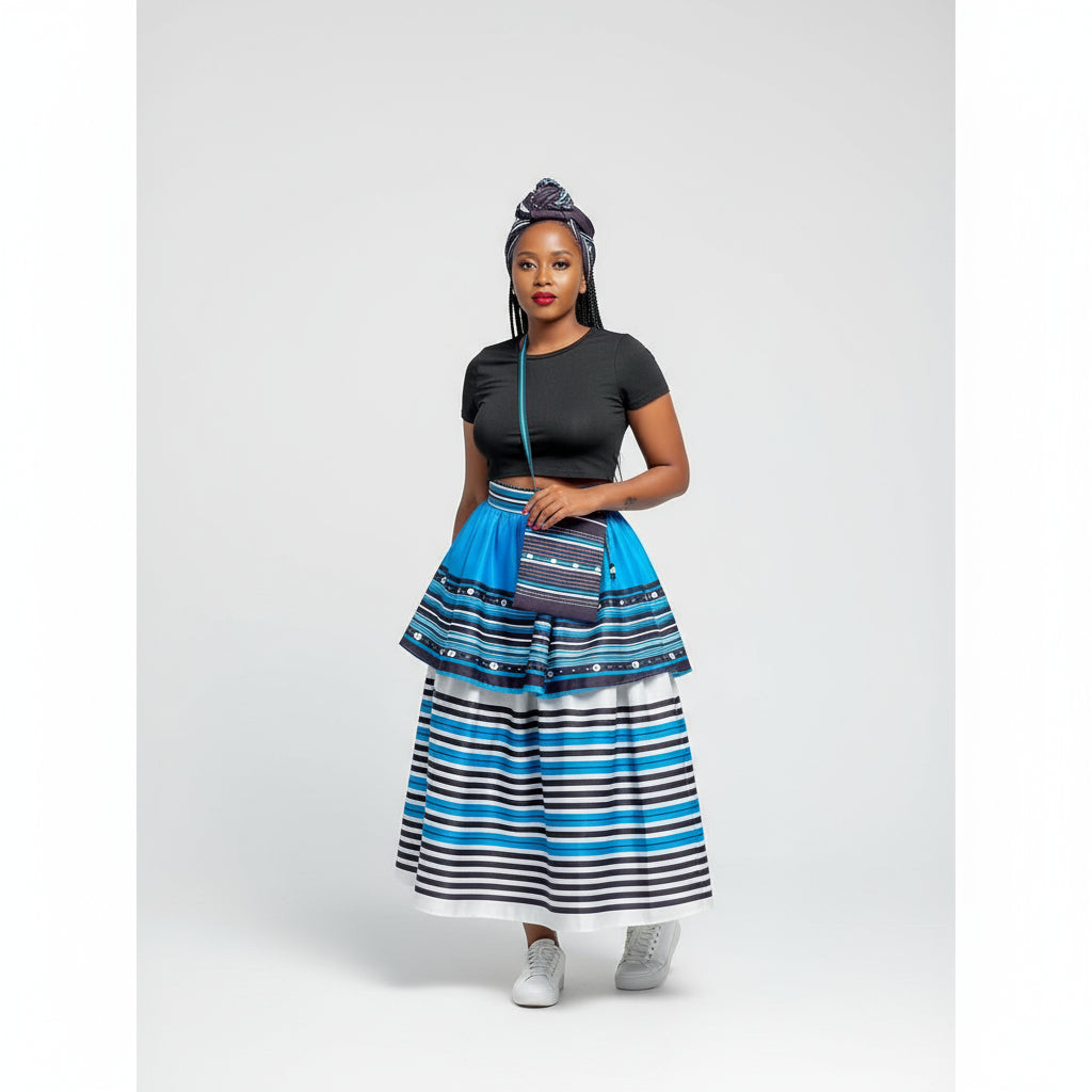 A woman wearing a pleated, striped skirt with blue, white, and brown colors, paired with a black top and a matching headwrap.