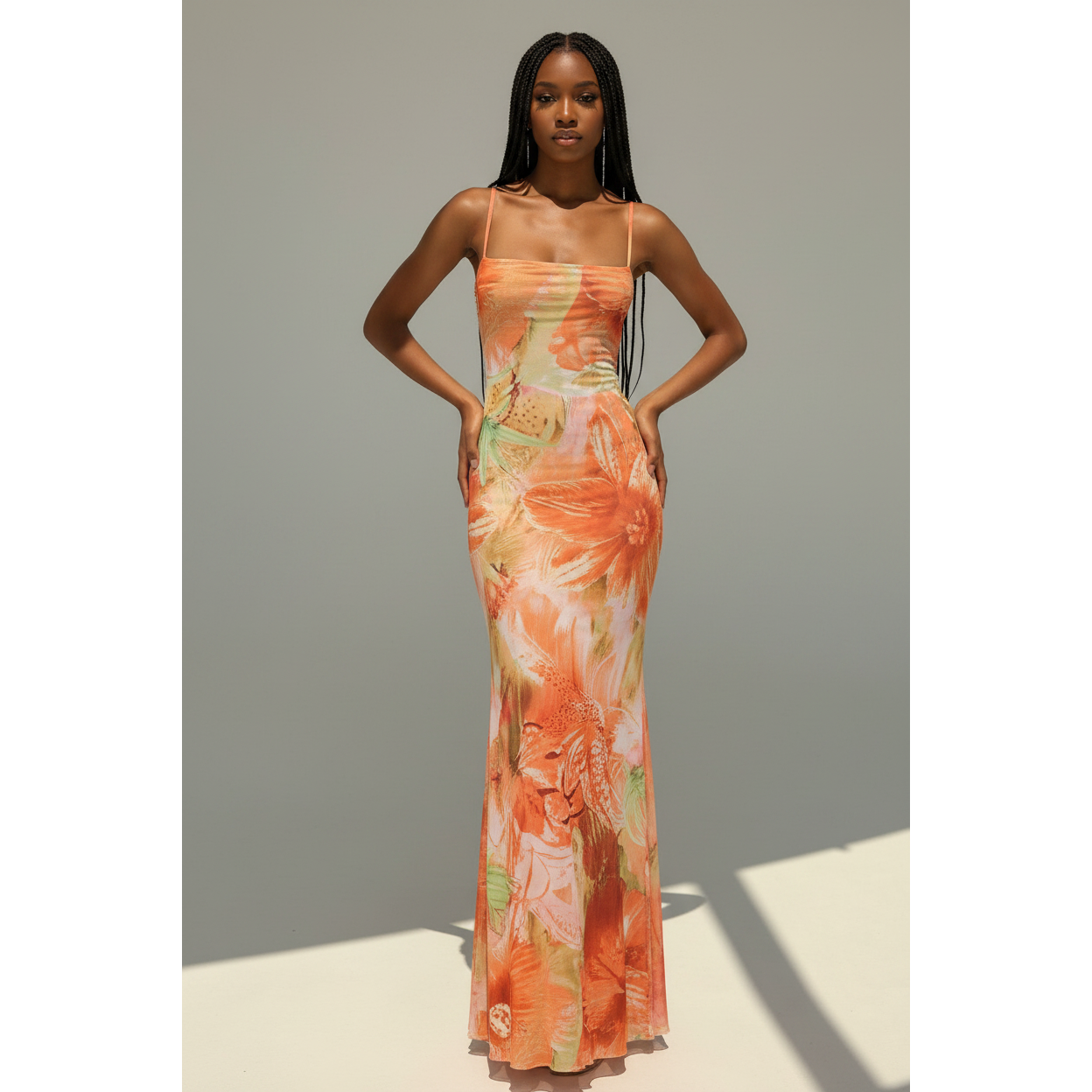 Tropical Watercolor Mesh Backless Slip Maxi Dress.