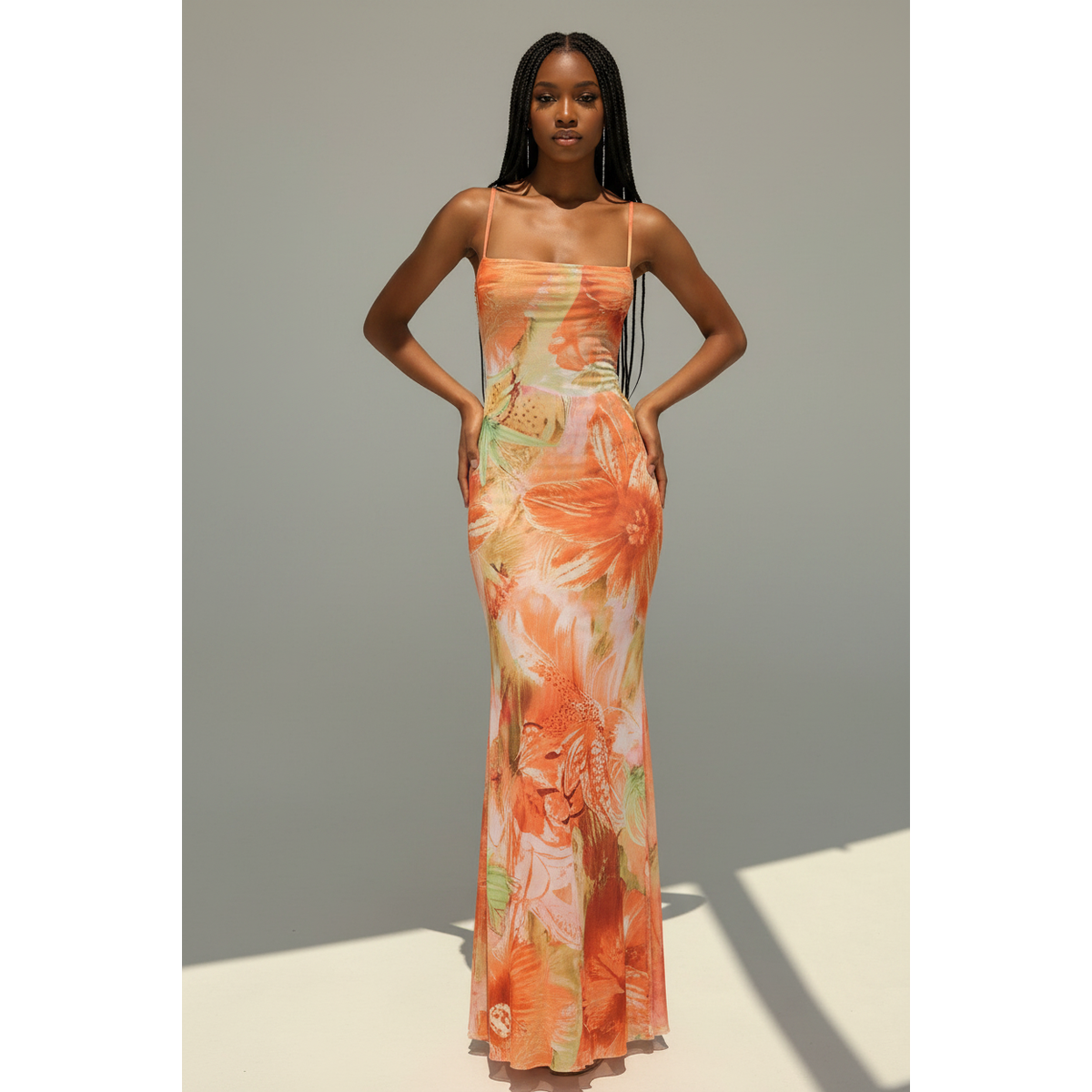 Tropical Watercolor Mesh Backless Slip Maxi Dress.