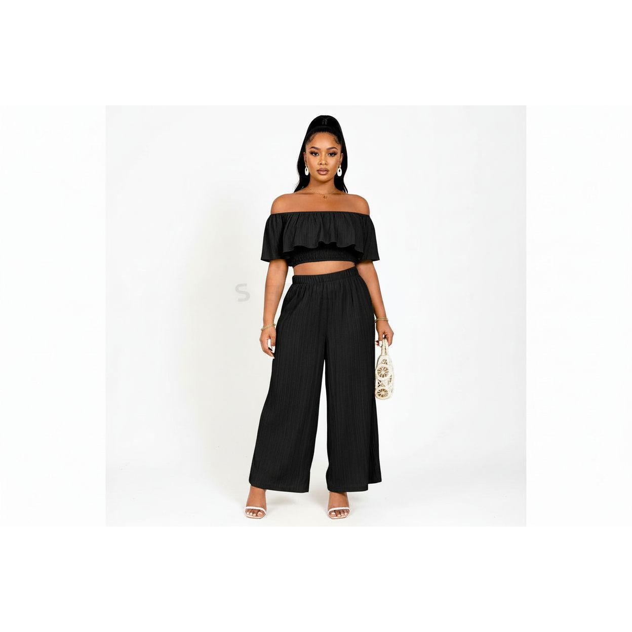 Elastic Top And Wide-Leg Pants Two-Piece Set.