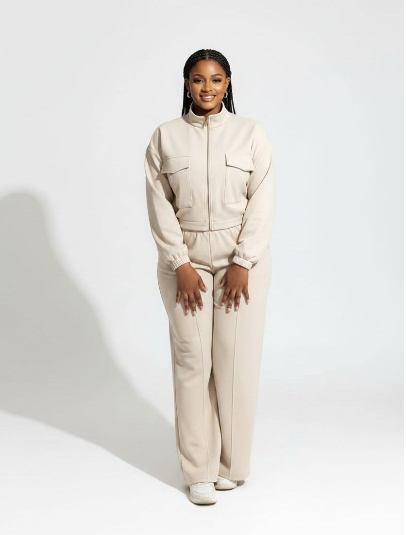 Two Piece Lounge Set with Zip-Up Crop Jacket