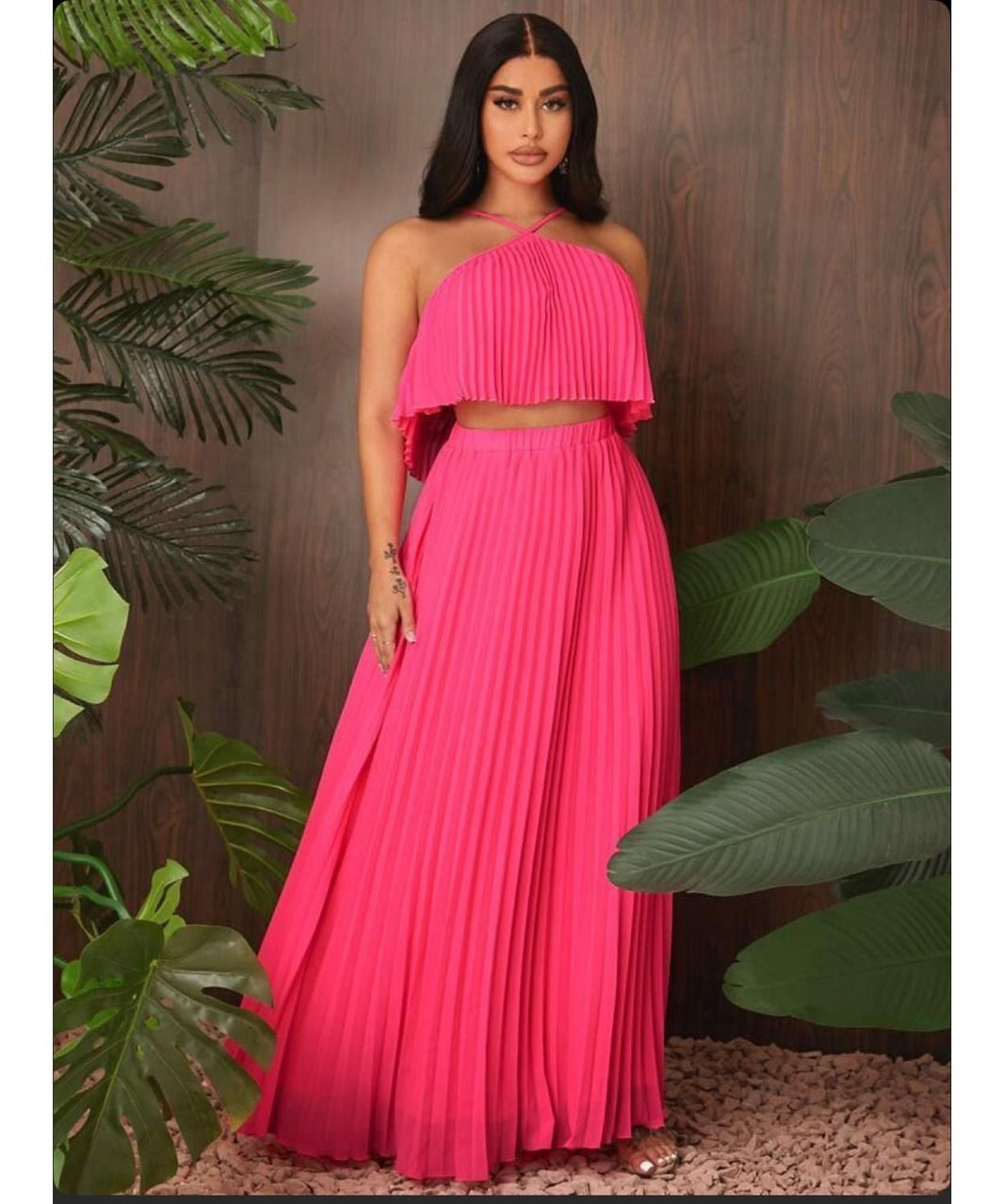 Stand Collar Button Top & Pleated Skirt Set main image 0