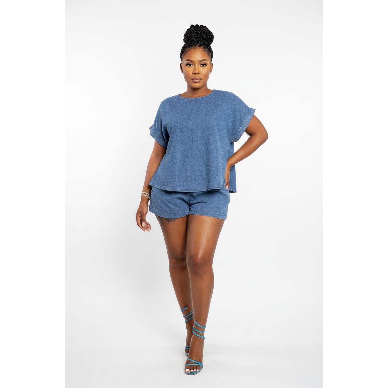 Denim Short Sleeve Top & Pants 2 Piece Set