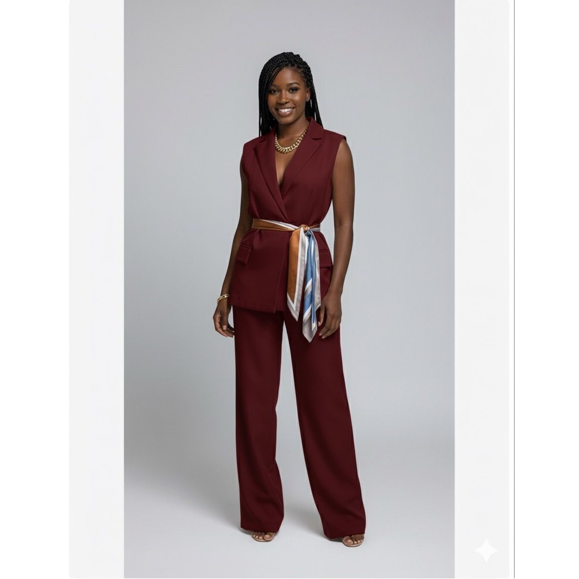 Women’s Sleeveless Blazer Two-Piece Suit – Wide Leg Pants Set