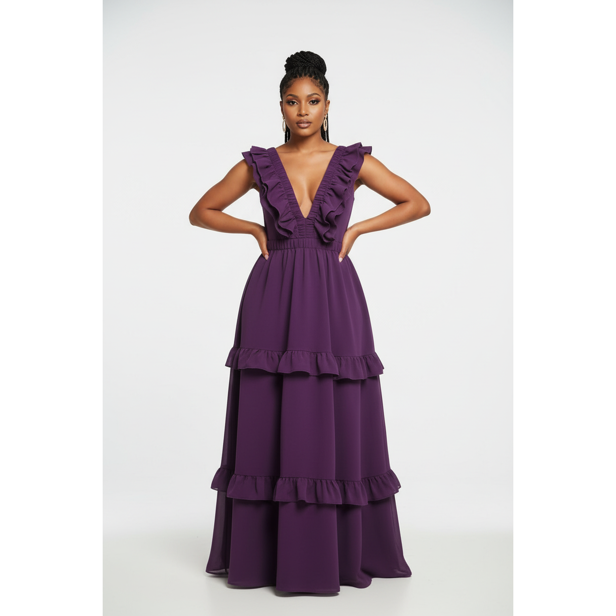 Deep V-neck Sleeveless Ruffle Maxi Dress
