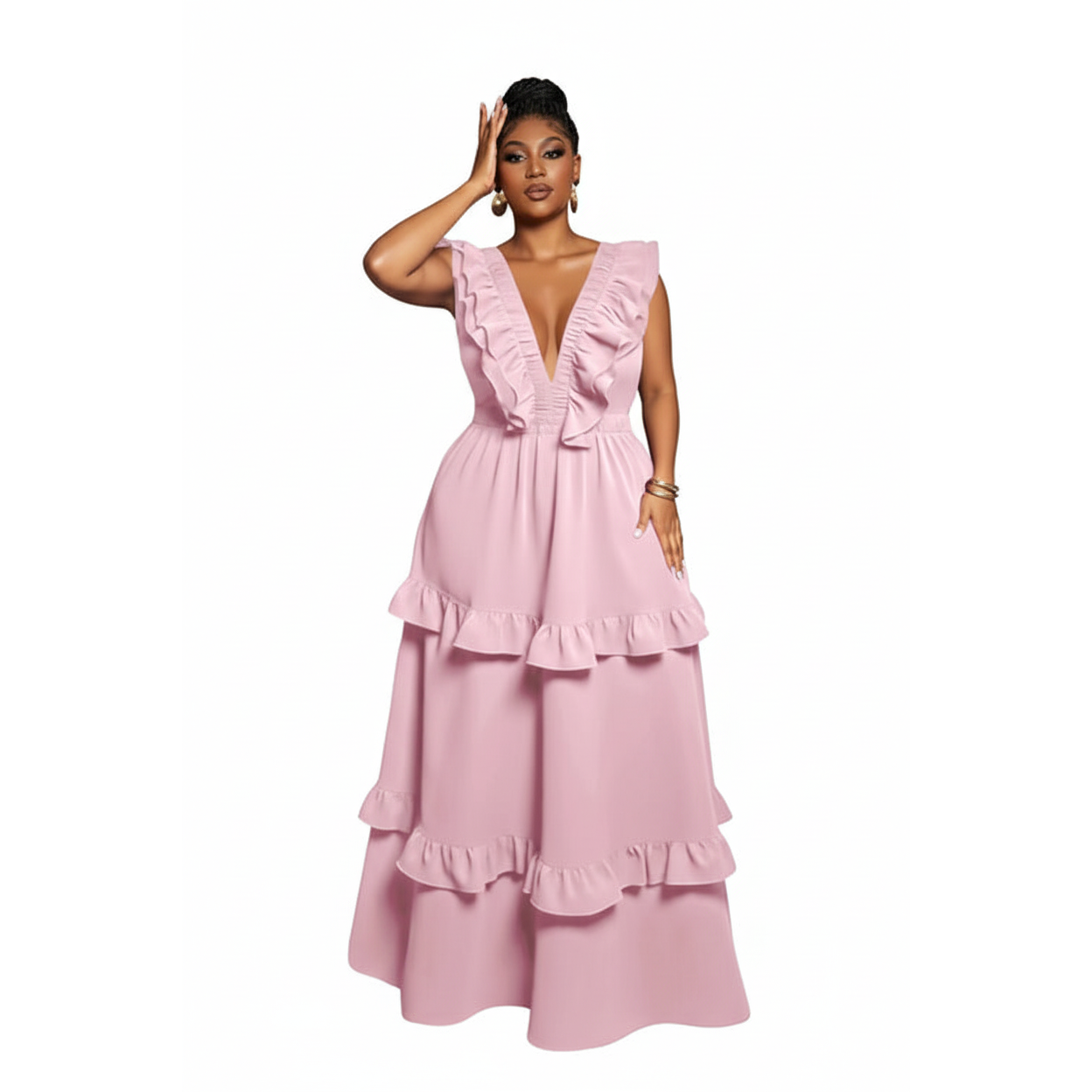 Deep V-neck Sleeveless Ruffle Maxi Dress