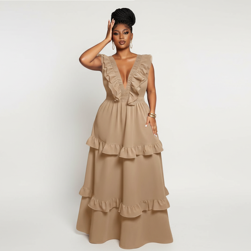 Deep V-neck Sleeveless Ruffle Maxi Dress
