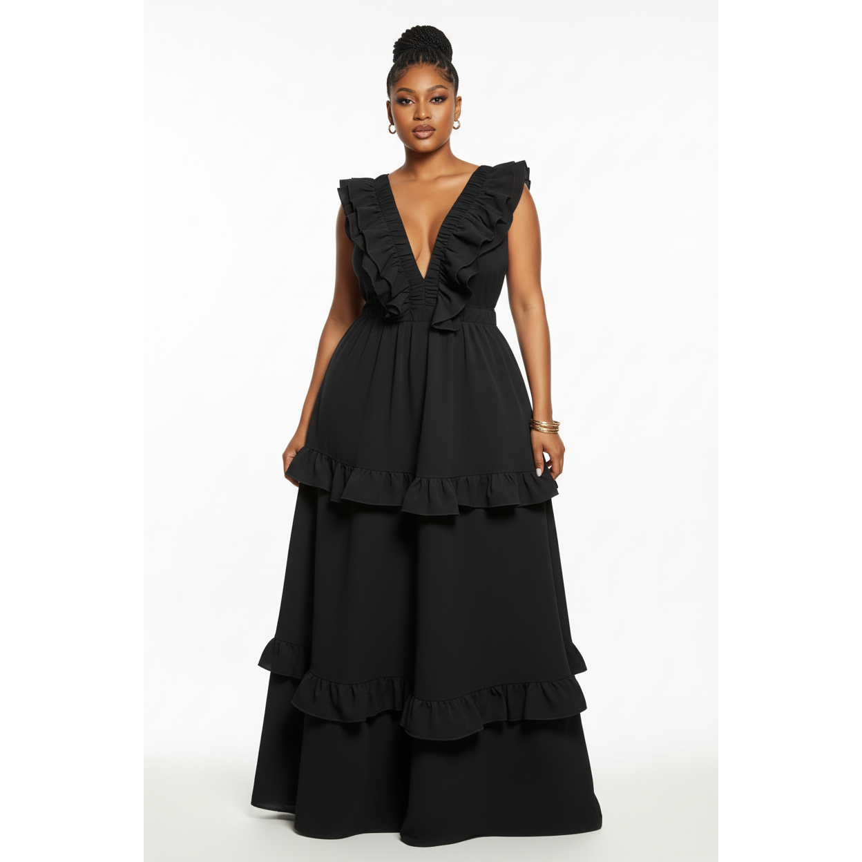 Deep V-neck Sleeveless Ruffle Maxi Dress