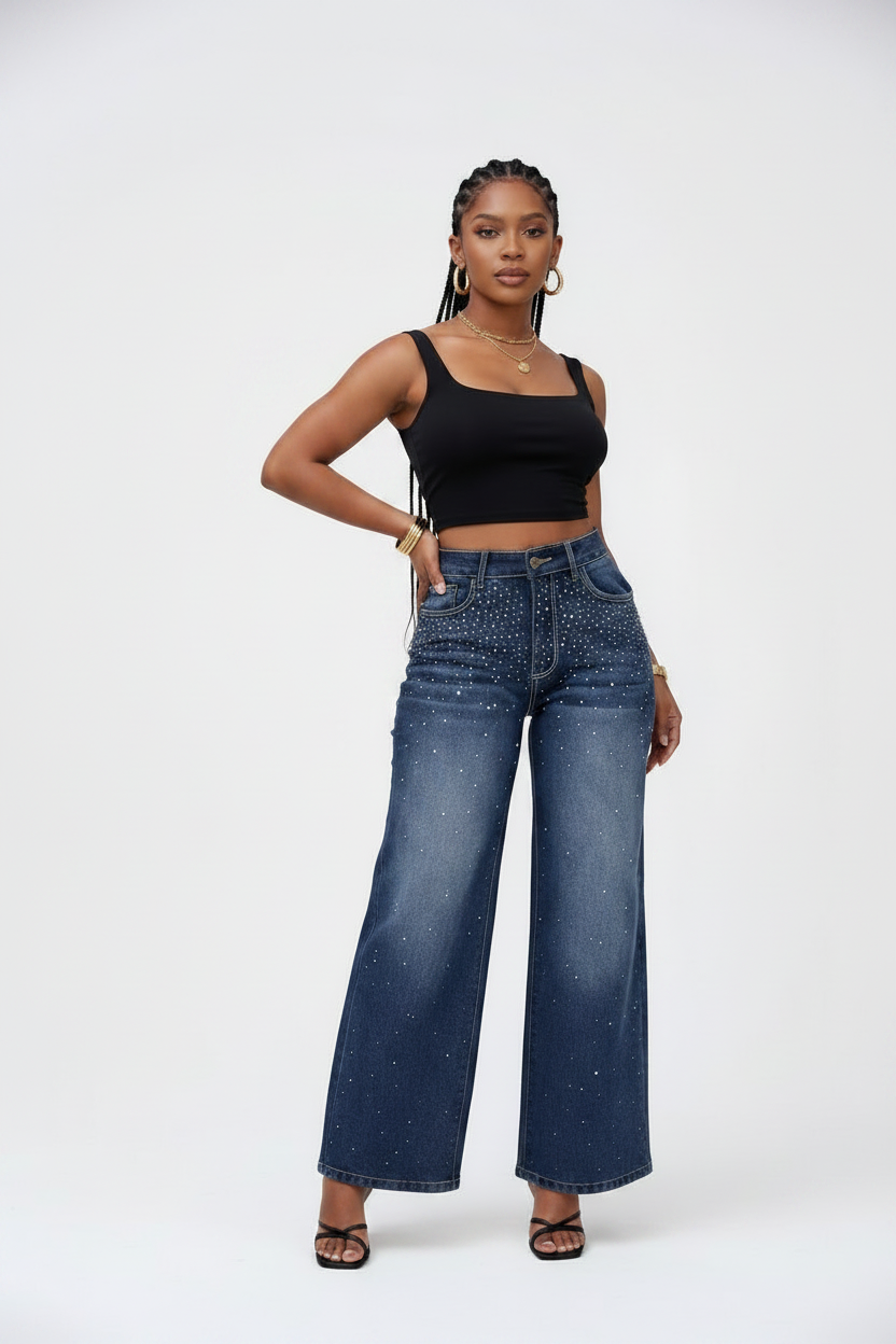 High-Waist Rhinestone Embellished Wide-Leg Jeans