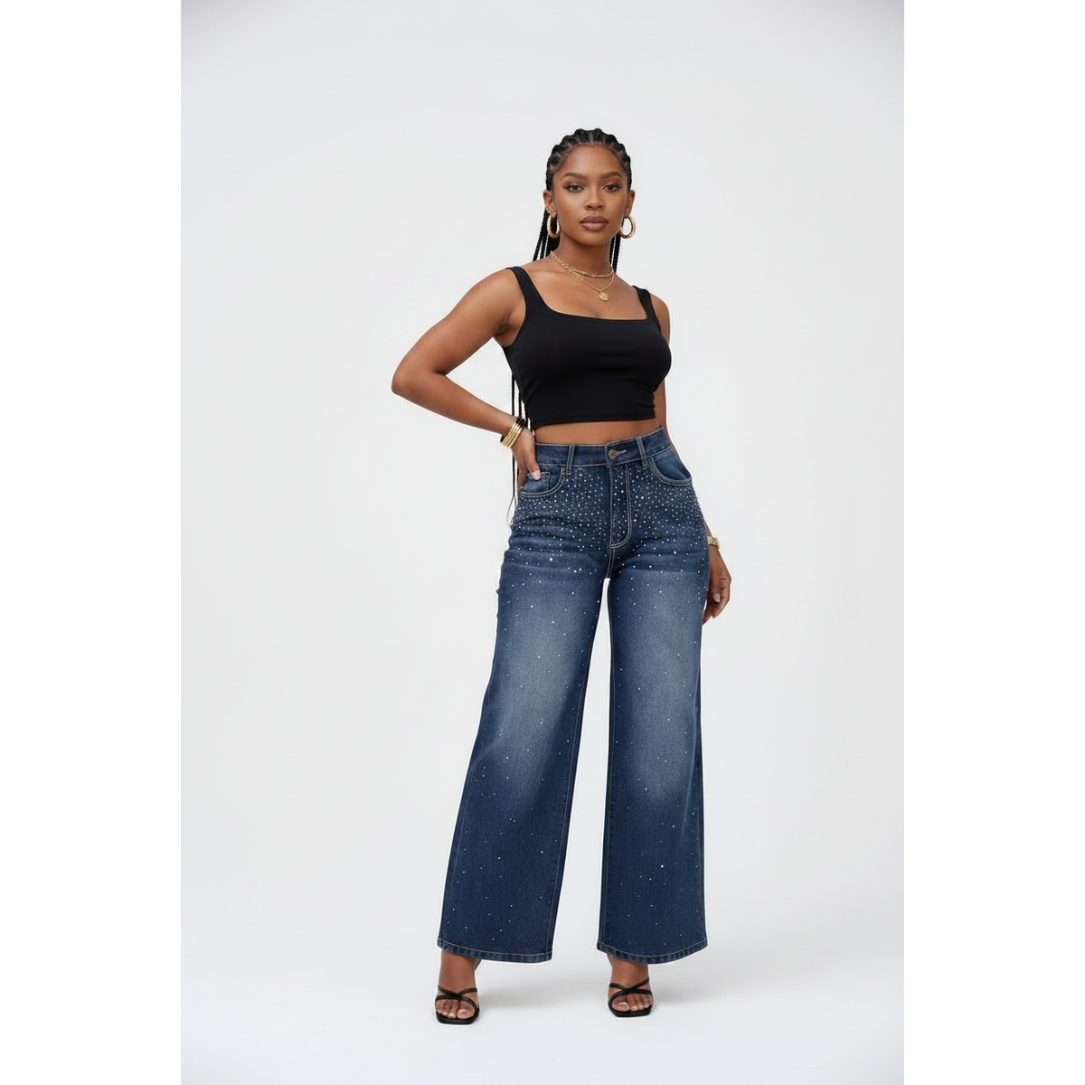 High-Waist Rhinestone Embellished Wide-Leg Jeans