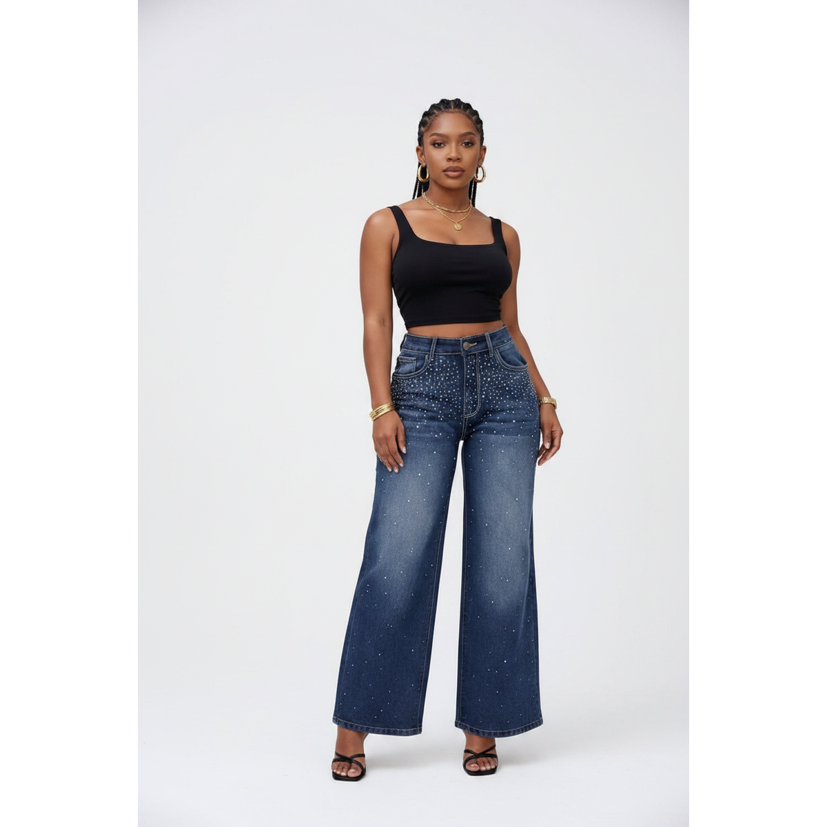High-Waist Rhinestone Embellished Wide-Leg Jeans