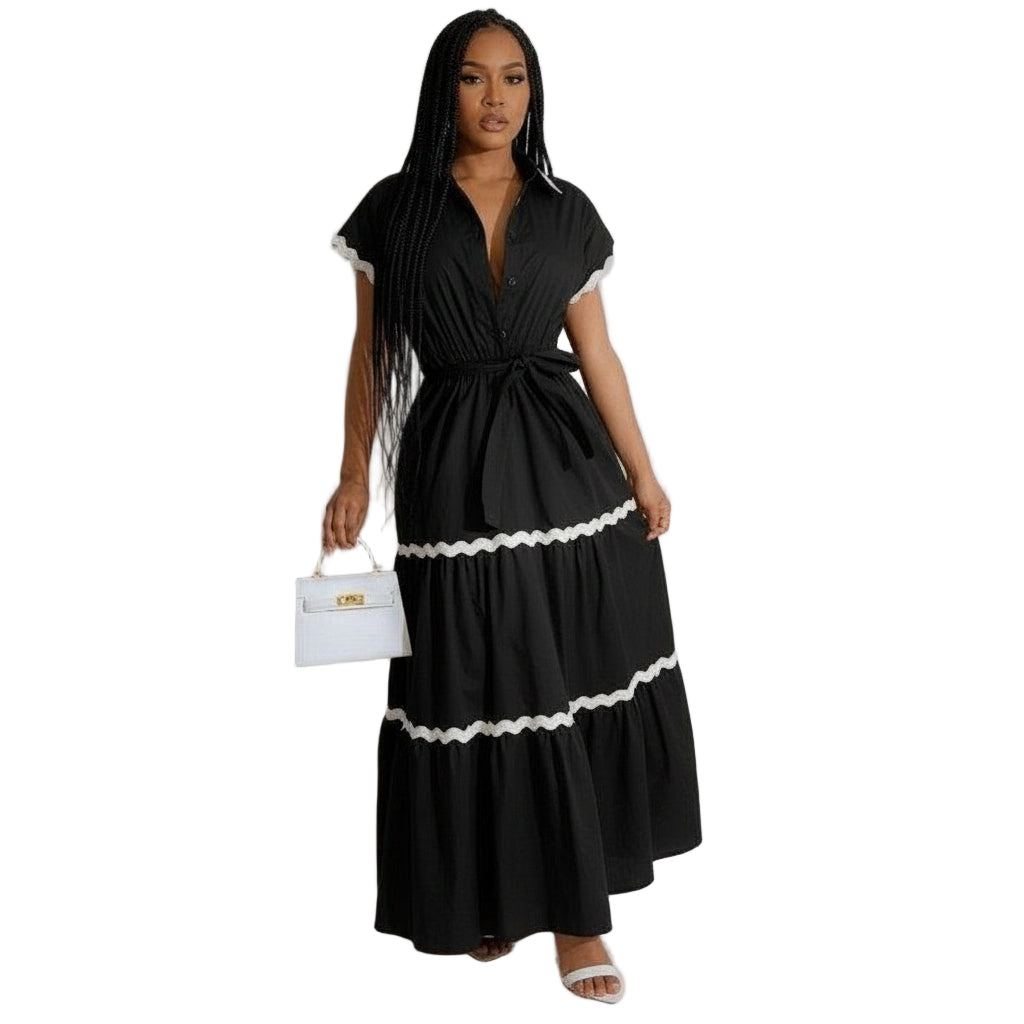 Plus Puff Sleeve Frilled Contrast Tape Belted Dress.