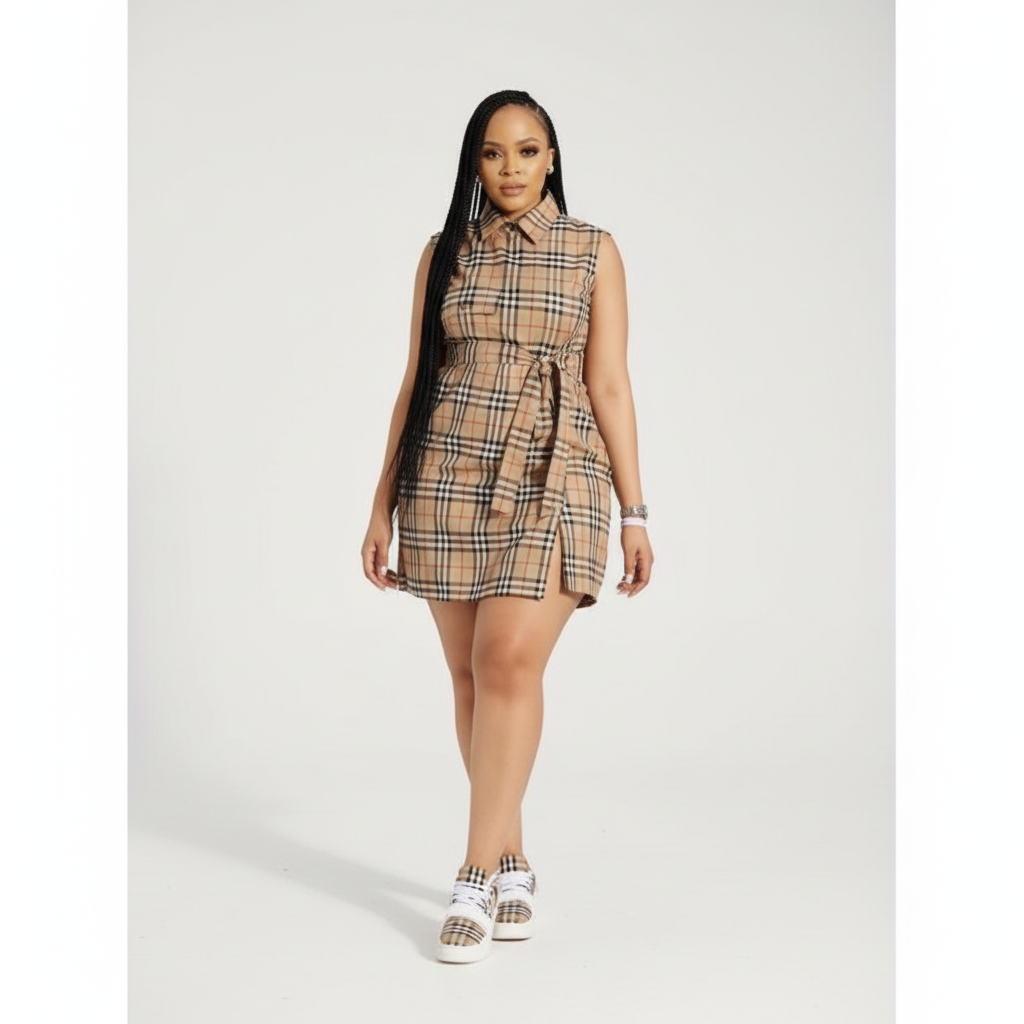 Plaid Side Slit Mini Shirt Dress