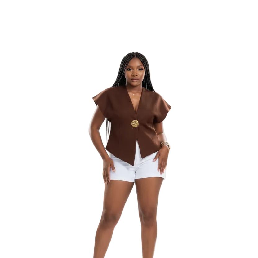 Asymmetrical Hem Short Jacket and a golden-tone button detail.