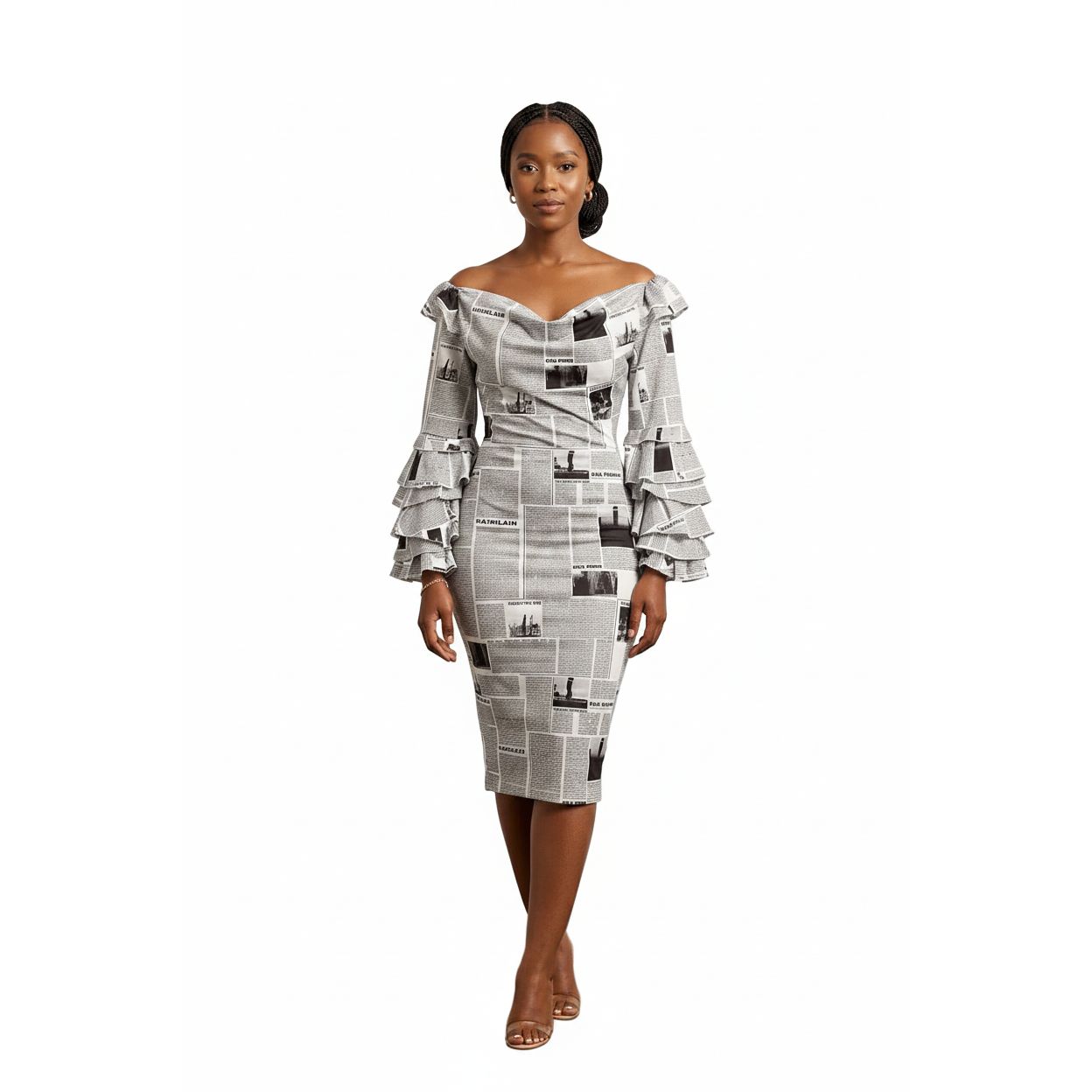 Print Cold Shoulder Lantern Sleeve Long Sleeve Skinny Pencil Dress.