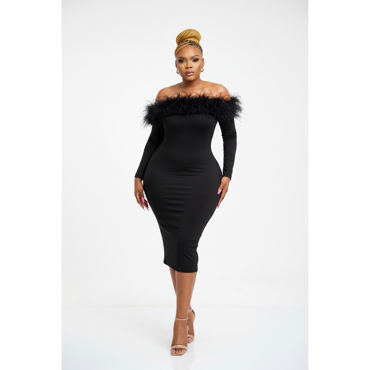 Bodycon Off Shoulder Feather Dress