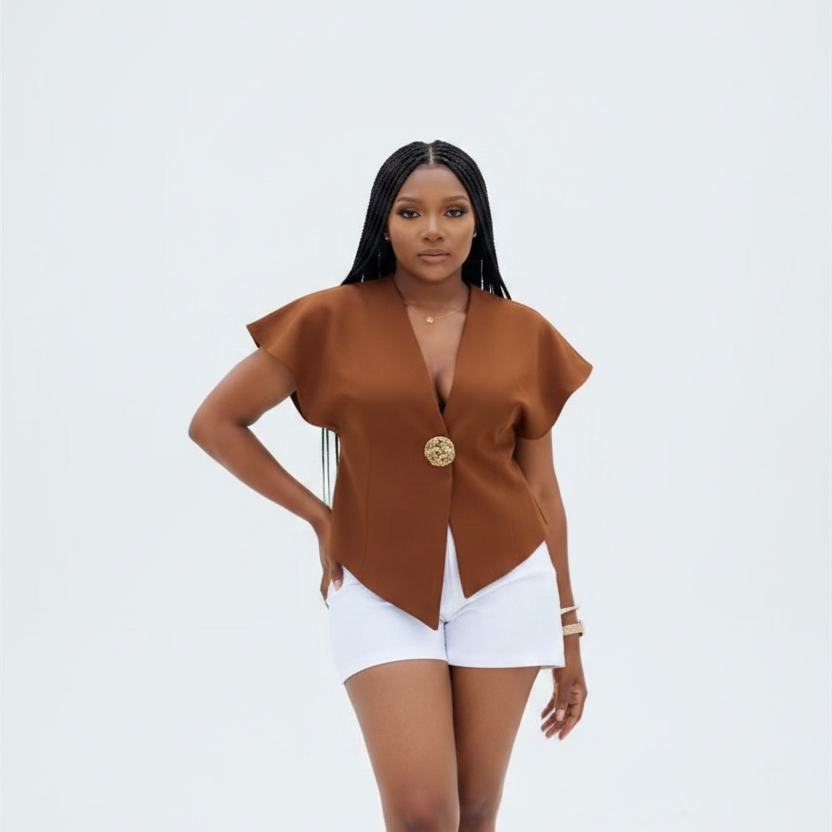 Asymmetrical Hem Short Jacket and a golden-tone button detail.