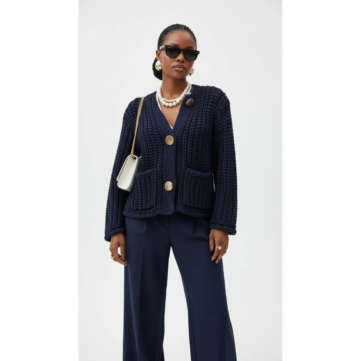 Knitted V-Neck Contrast Long Sleeve Cardigan