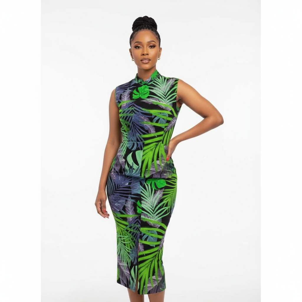 Woman in a colorful dress and hat standing outdoors near green chairs.