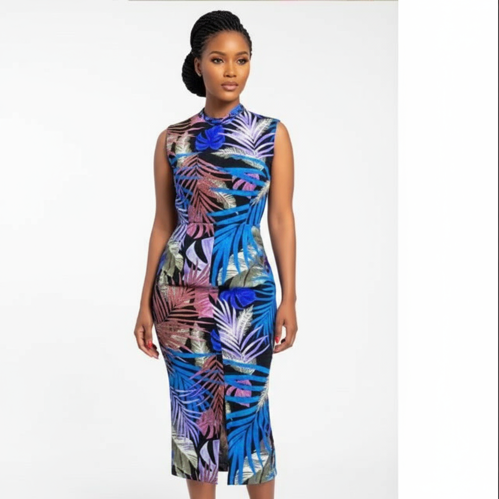 Woman in a colorful dress standing outdoors near green chairs.