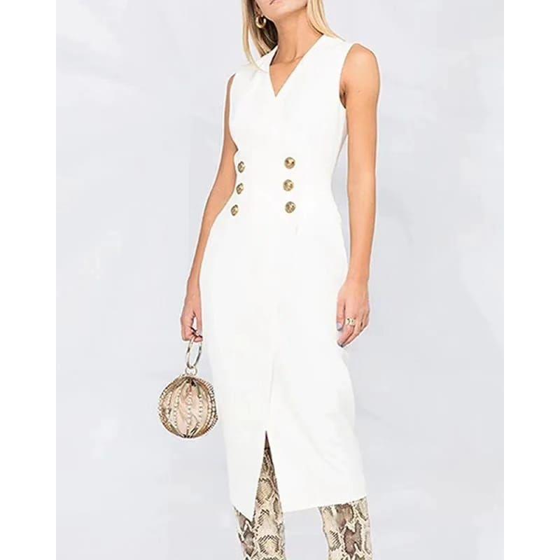 V-Neck Button Rivet Button Long Dress