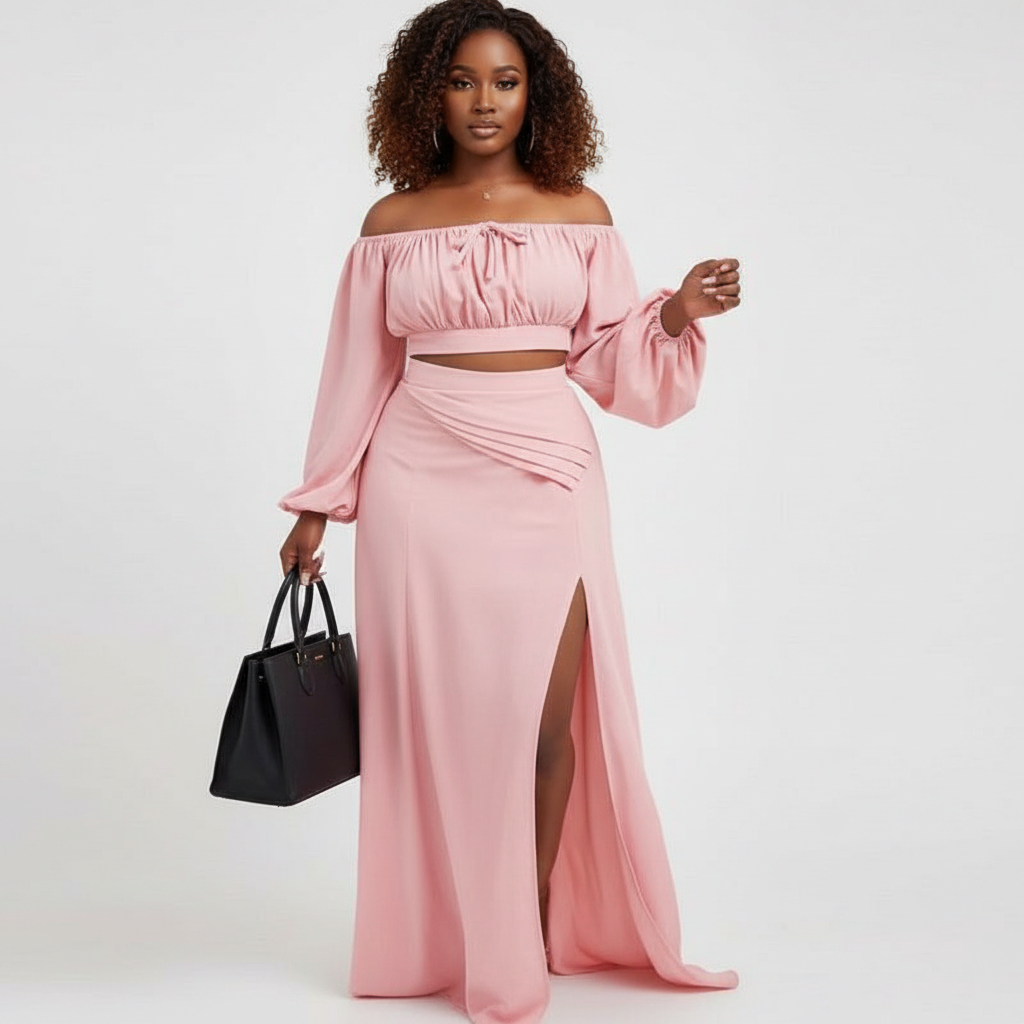 Off Tie Shoulder Crop Top and Skirt Set