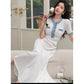 Elegant V Neck Denim Patchwork Knitted Long Dress.