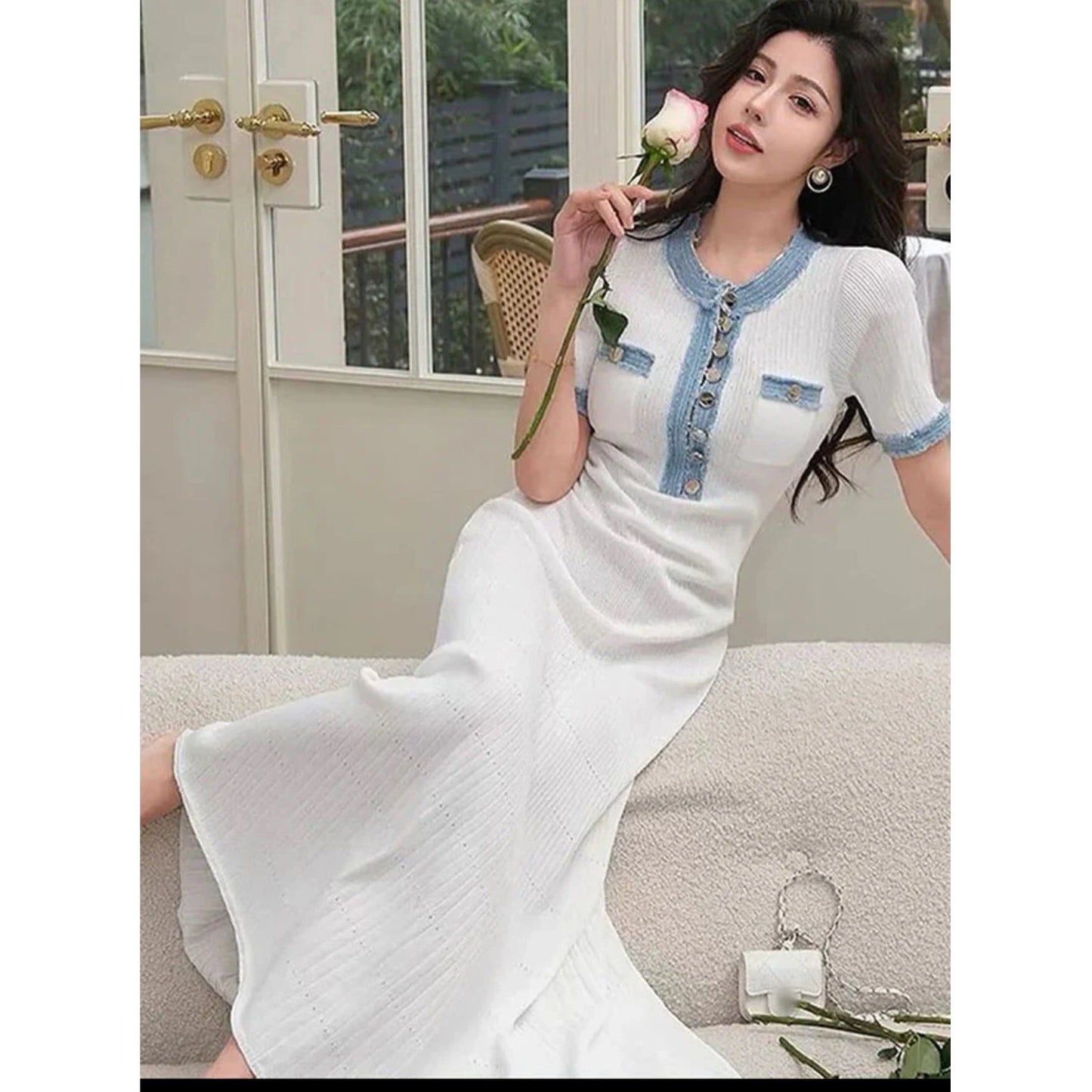 Elegant V Neck Denim Patchwork Knitted Long Dress.
