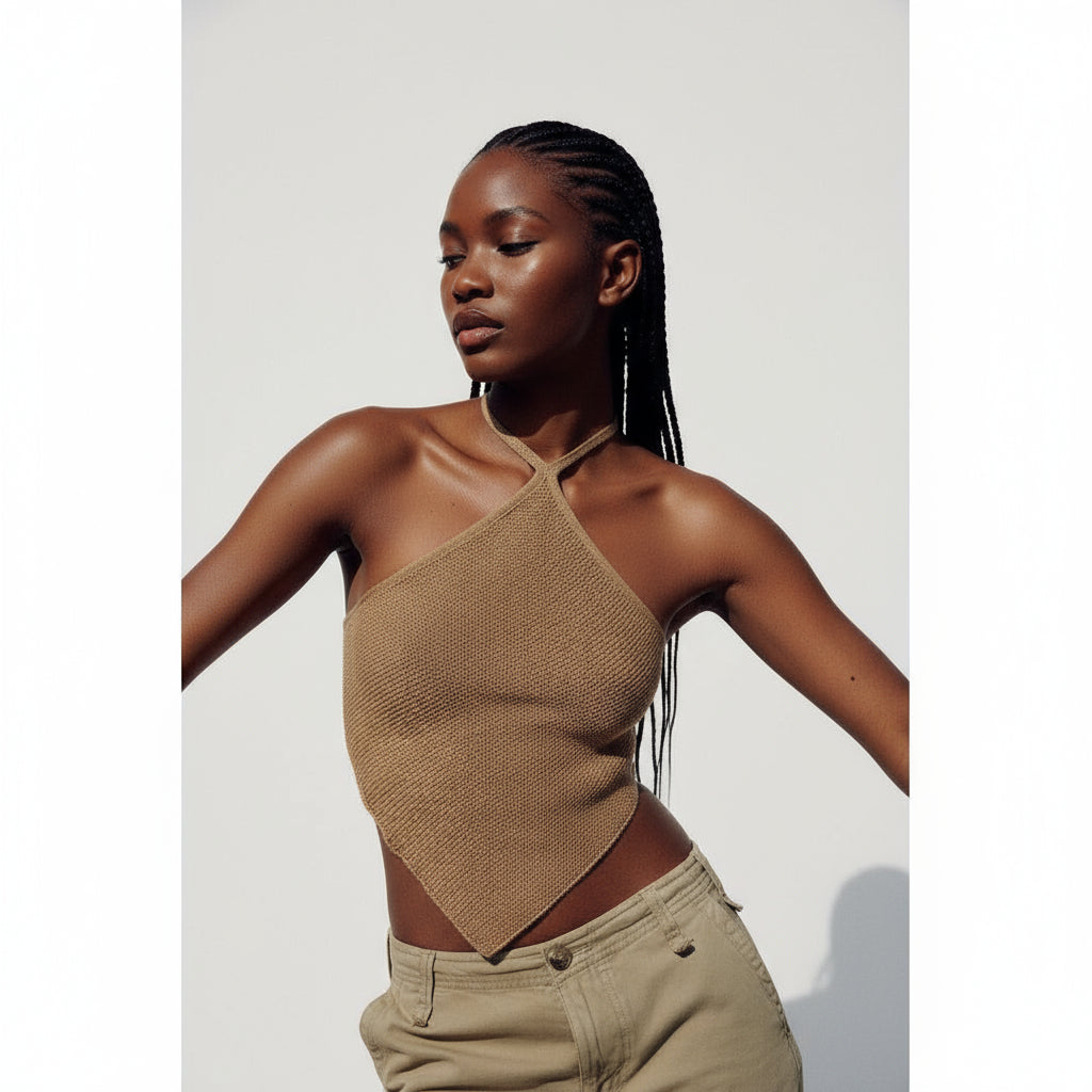 A female model wearing a brown knitted backless top paired with green pants, posing against a rocky backdrop.