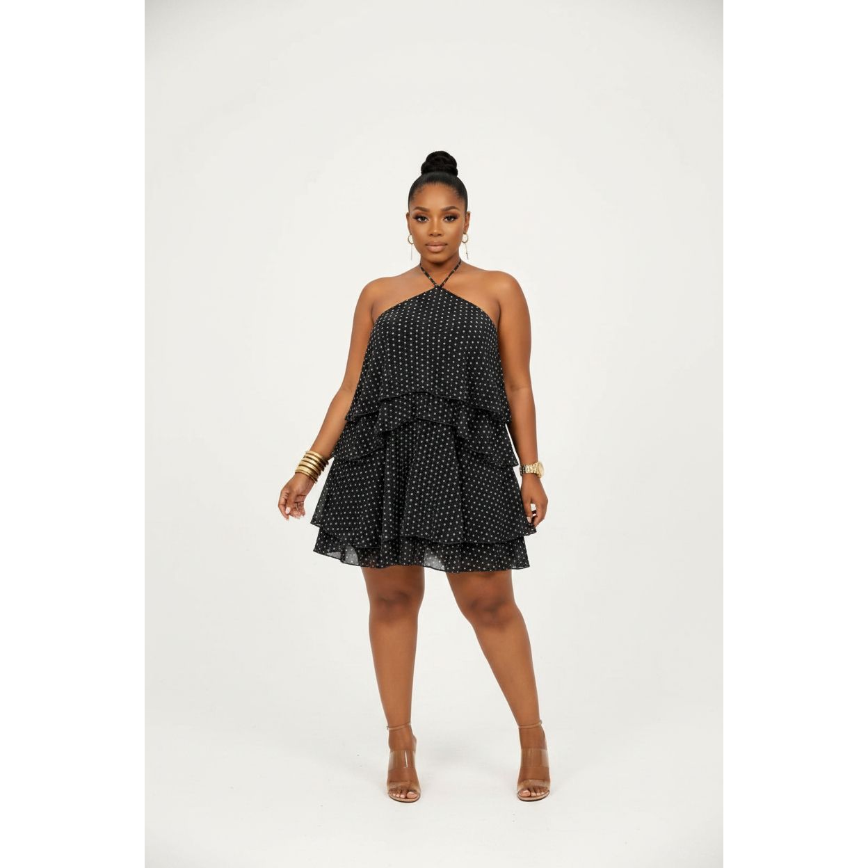 Polka Dot Halter Neck Tiered Ruffle Mini Dress