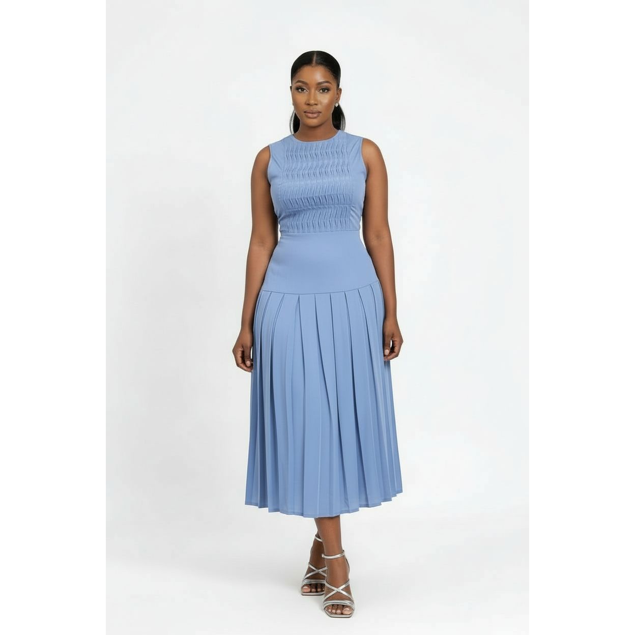 Sleeveless Ruched Round Neck Pleated Dress
