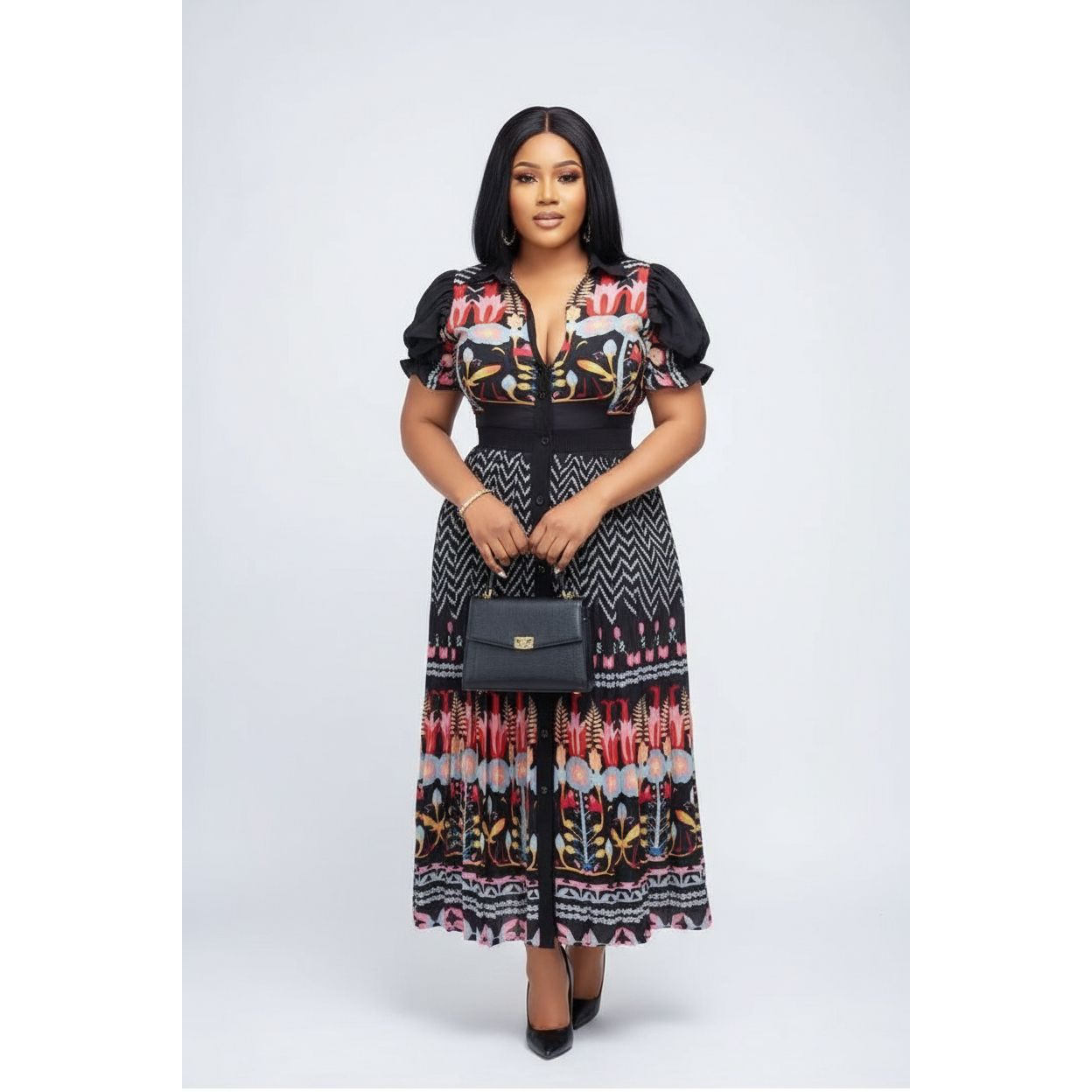 High Waisted Short Sleeve Button Dress