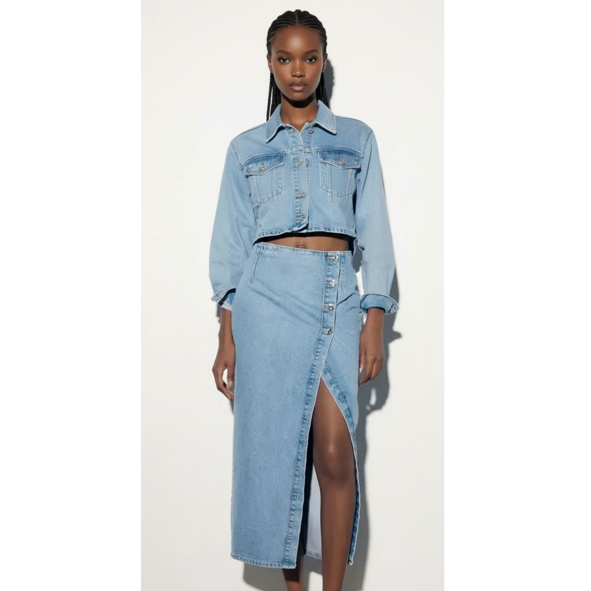 Button Irregular Slit denim High Waist Skirt