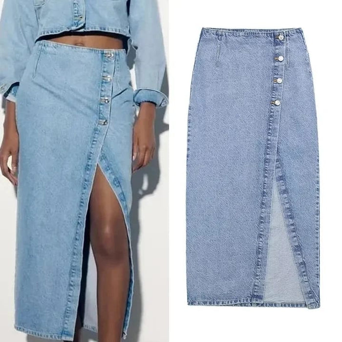 Denim Buttoned Slit Skirt