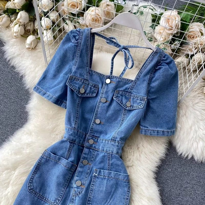 Women's Solid Colour Denim Pocket Dress